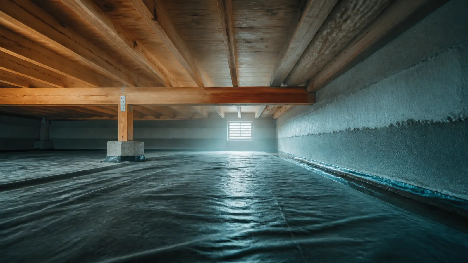 Clean timber crawlspace with a ground vapour layer and coastal daylight