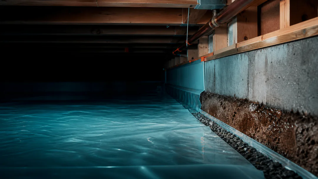 Crawlspace vapour layer, perimeter wall, plumbing route and drainage edge