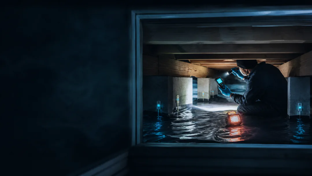 Safe crawlspace observation using a moisture meter and inspection light